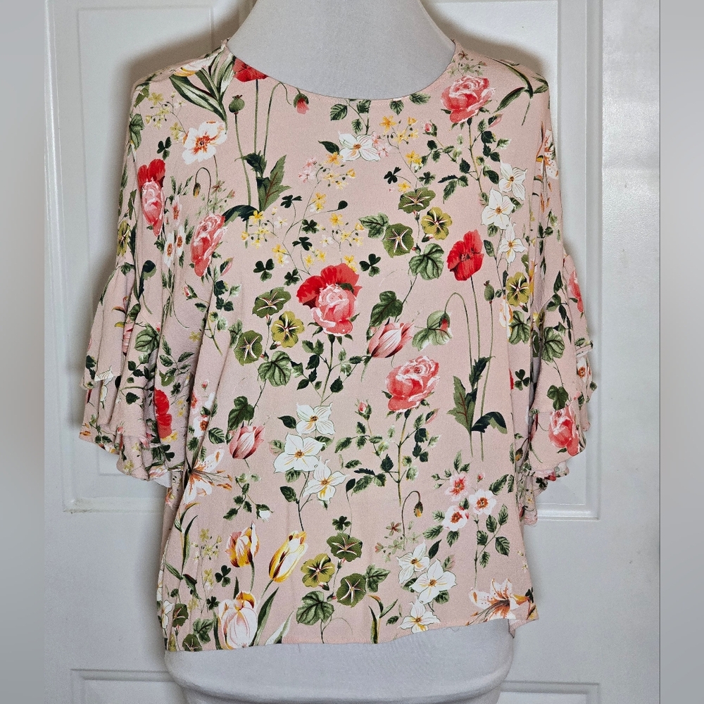 Emma & Olivia Floral Top Blouse Women's XL Tiered Sleeves Poppy Rose